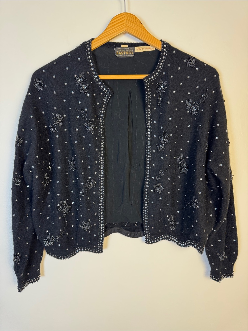 Vintage Eastroy 100 Cashmere Hand Beaded Cardigan Sweater Black